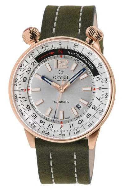 Gevril Wallabout Leather Strap Watch, 44mm In Green
