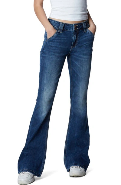 Hint Of Blu Fun Mid Rise Slim Flare Jeans In Willa Blue