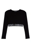Dolce & Gabbana Logo Waistband Long Sleeve Stretch Cotton Crop Top In Black