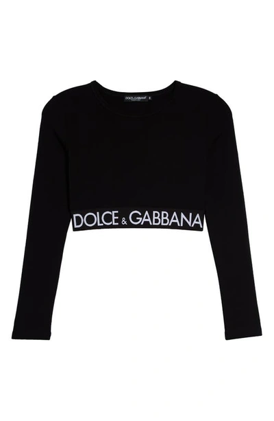 Dolce & Gabbana Logo Waistband Long Sleeve Stretch Cotton Crop Top In N0000 Nero