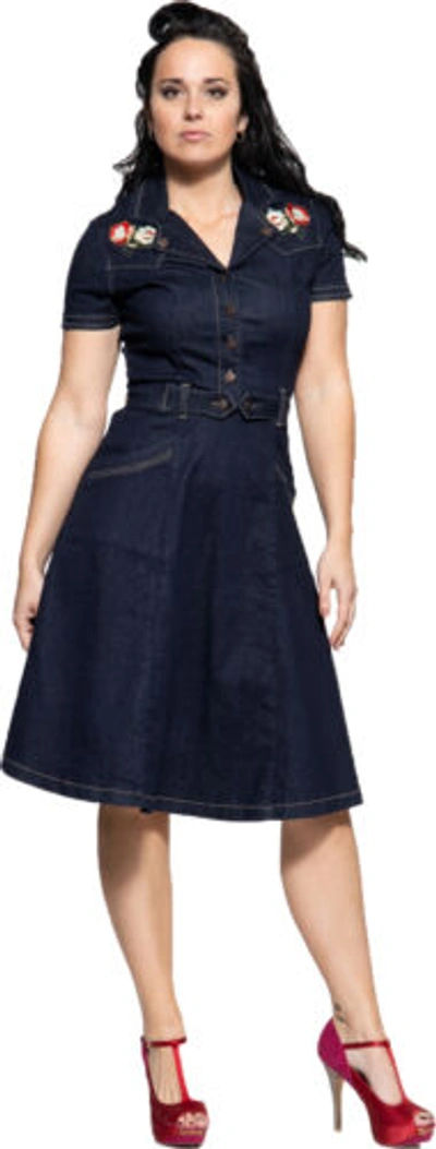 Pre-owned Queen Kerosin Workwear Denim Kurzarm Jeans Swing Dress Hemdkleid Rockabilly