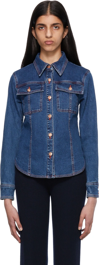 See By Chloé Topstitched Fitted Stretch-denim Shirt In Blue
