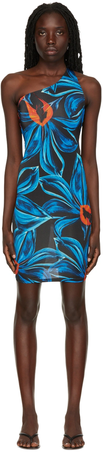 Louisa Ballou Blue Plunge Minidress In Night Blooming Flowe