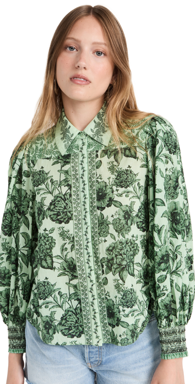 Alice And Olivia Tiffie Green Printed Cotton Blouse