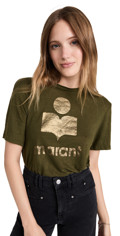 Isabel Marant Étoile Zewel Metallic Logo T-shirt In Khaki/dore
