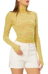 Afrm Zadie Mesh Turtleneck Top In Yellow Ditsy