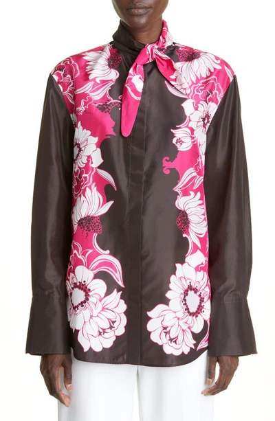 Valentino Floral-print Silk-taffeta Blouse In Pink/brown/ivory