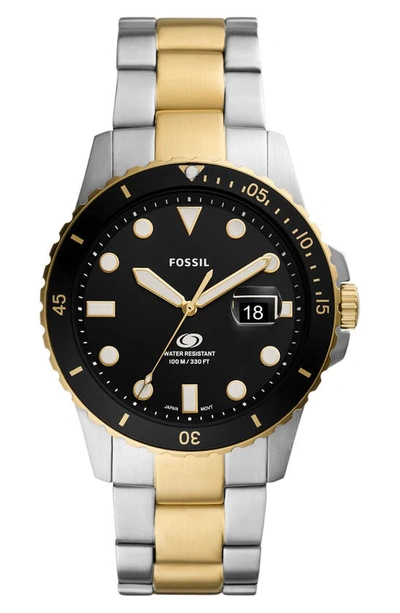 Fossil Men's Blue Dive Three-hand Date Two-tone Stainless Steel Watch 42mm In Black / Blue / Gold Tone