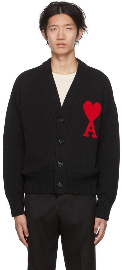Ami Alexandre Mattiussi Logo-intarsia Organic Cotton And Wool-blend Cardigan In Black