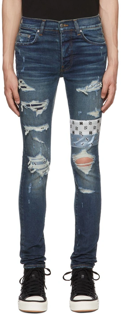 Amiri Silk Paisley Ma Logo Art Patch Heavy Distressing Skinny Jeans In Blue