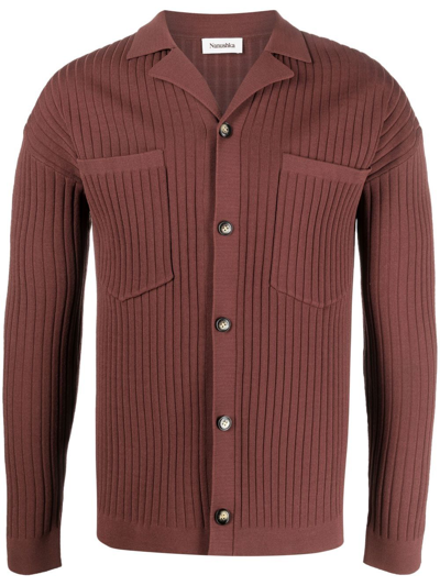 Nanushka Ribbed-knit Notched-collar Cardigan In Brown