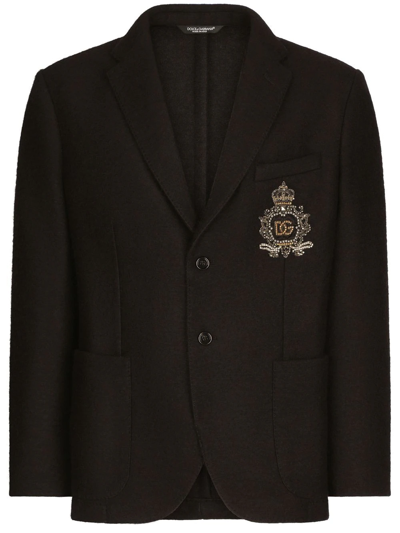 Dolce & Gabbana Embroidered Crest Wool Blend Sport Coat In Black