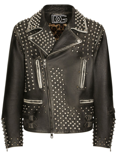 Dolce & Gabbana Stud-embellished Leather Jacket In Black