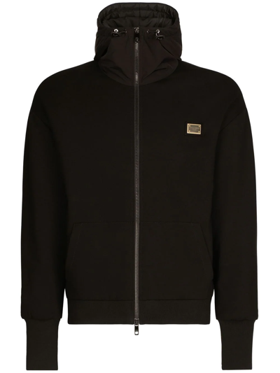 Dolce & Gabbana Black Stretch Jersey Jacket With Hood And Plaque In Nero