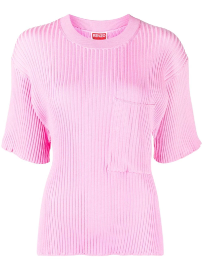 Kenzo Logo-patch Ribbed Short-sleeve Top In Pink