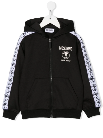 Moschino Kids' Black And White Zip Sweatshirt In Polyester With Double Question Mark Logo On The Band Sewn On The S