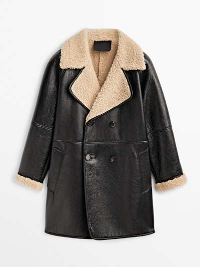 Massimo Dutti Mouton Leather Coat With Crackled Finish In Black