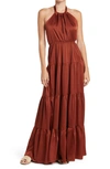 Love By Design Roberta Satin Halter Maxi Dress In Brandy Brown