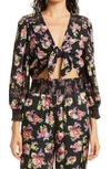 ALICE AND OLIVIA MARLEE FLORAL TIE FRONT BLOUSON SLEEVE CROP BLOUSE