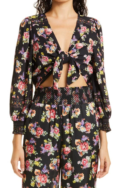 Alice And Olivia Marlee Floral Tie Front Blouson Sleeve Crop Blouse In Nocolor