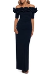 Xscape Ruffled Off-the-shoulder Gown In Navy