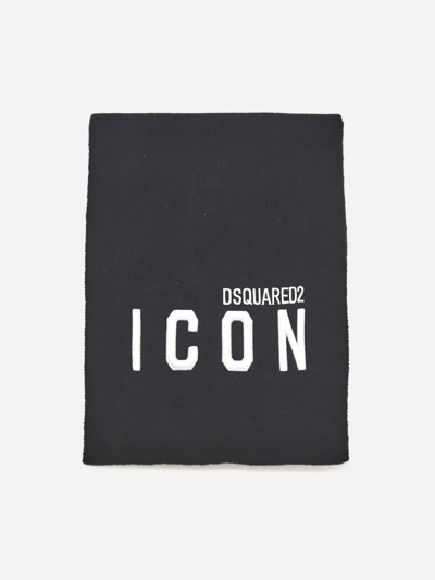 Dsquared2 Wool Scarf With Contrasting Embroidered Logo In Nero Bianco