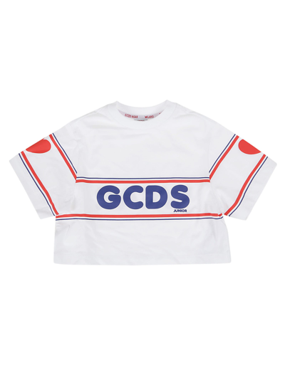 Gcds Mini Kids' Gcds T-shirt Bianca Cropped In Jersey Di Cotone In White