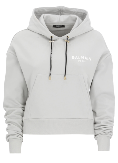 Balmain Cropped Hoodie In Grisclair/blanc