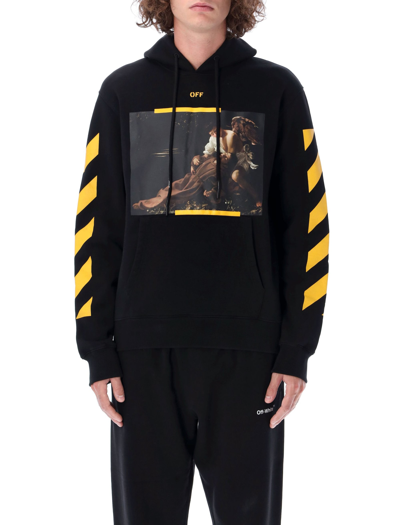 Off-white Black And Yellow Diag Hoodie With Caravaggio Painting In Black