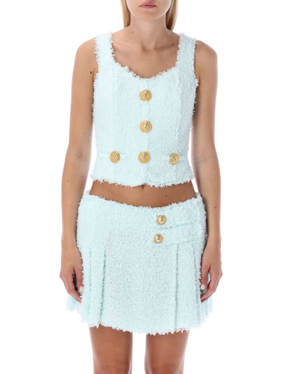 Balmain Button Detail Tweed Crop Top In Pale Light Blue