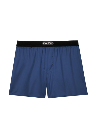Tom Ford Stretch-silk Logo Boxer Shorts In Blue