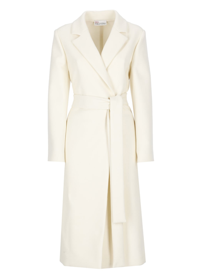 Red Valentino Belted Wool Blend Long Coat In Milk