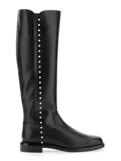 Stuart Weitzman Pearl Studded Knee-high Leather Boots In Black