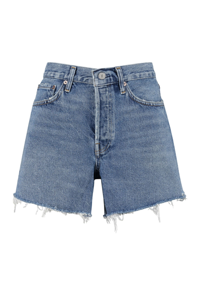 Agolde Blue Cotton Denim Shorts In Ruin