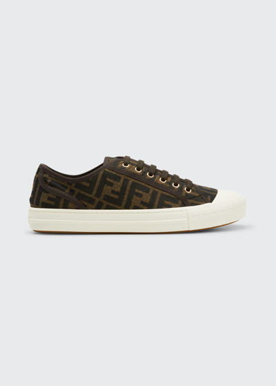 Fendi Men's New Summery Canvas Monogram Low Top Sneakers In Tabacco Nero