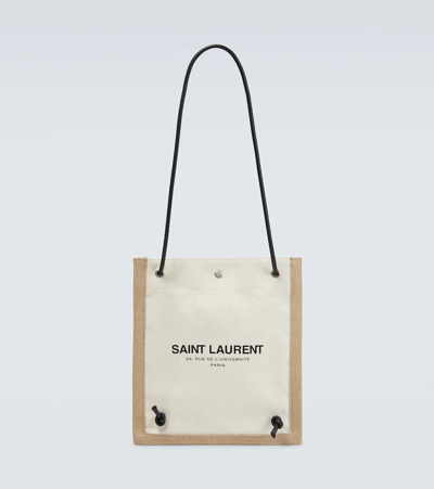 Saint Laurent Brand-patch Text-print Cotton-blend Cross-body Bag In Ecru+black