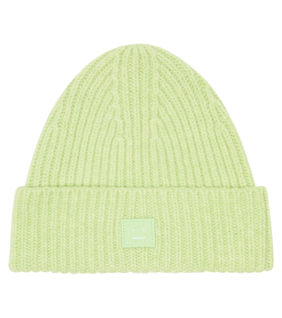 Acne Studios Kids Pansy Green Logo Ribbed Wool Beanie In Pale Green Mealnge