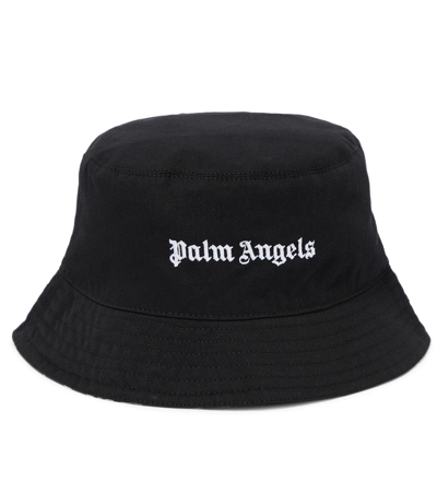Palm Angels Kids' Cotton Gabardine Bucket Hat In Black White