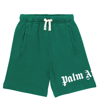 Palm Angels Kids' Logo Cotton Shorts In Forest Green