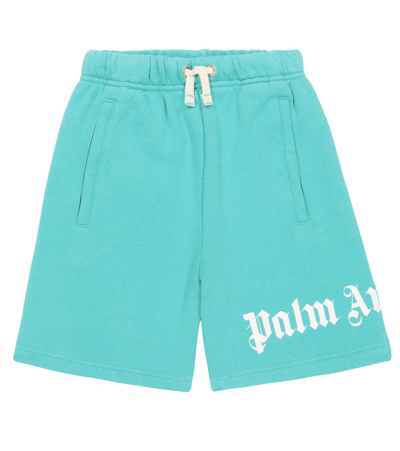 Palm Angels Kids' Logo Cotton Shorts In Turquoise White
