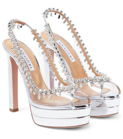 Aquazzura Temptation 130 Crystal-embellished Pvc And Leather Slingback Pumps In Silver