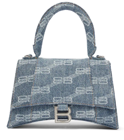 Balenciaga Hourglass Monogrammed Denim Bag In Blue