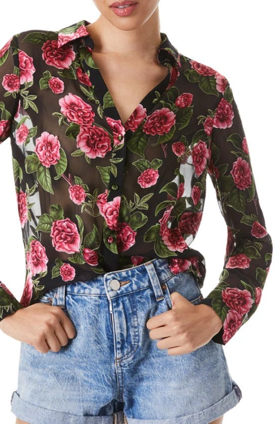 Alice And Olivia Eloise Floral Jacquard Sheer Button-up Blouse In Nocolor