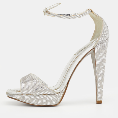 Pre-owned René Caovilla Metallic Silver Crystal Embellished Satin Ankle Strap Platform Sandals Size 37.5