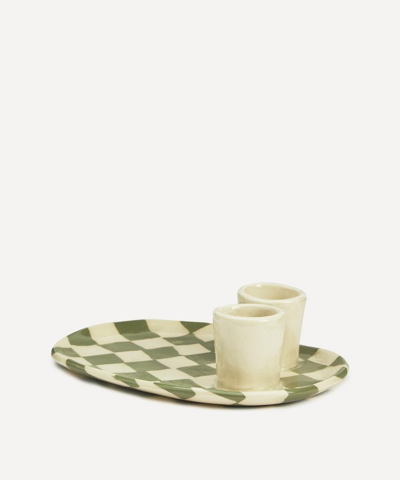 Henry Holland Studio Green And White Checkerboard Egg Plate