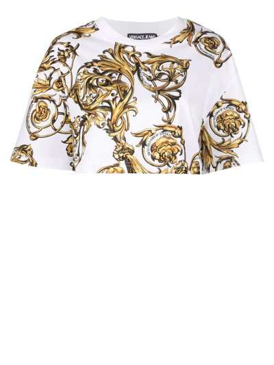 Versace Jeans Couture Print Jersey Cropped T-shirt In Yellow