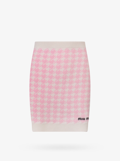Miu Miu Houndstooth Logo-embroidered Cashmere Mini Skirt In Pink