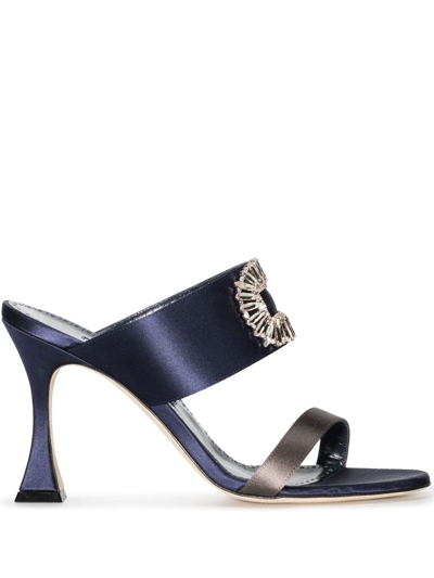 Manolo Blahnik Blue Laali 105 Crystal Buckle Satin Sandals