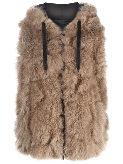 Brunello Cucinelli Faux Fur Hooded Vest W/ Monili Trim In Brown