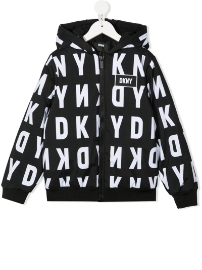 Dkny Kids' Monogram-pattern Hooded Jacket In Black